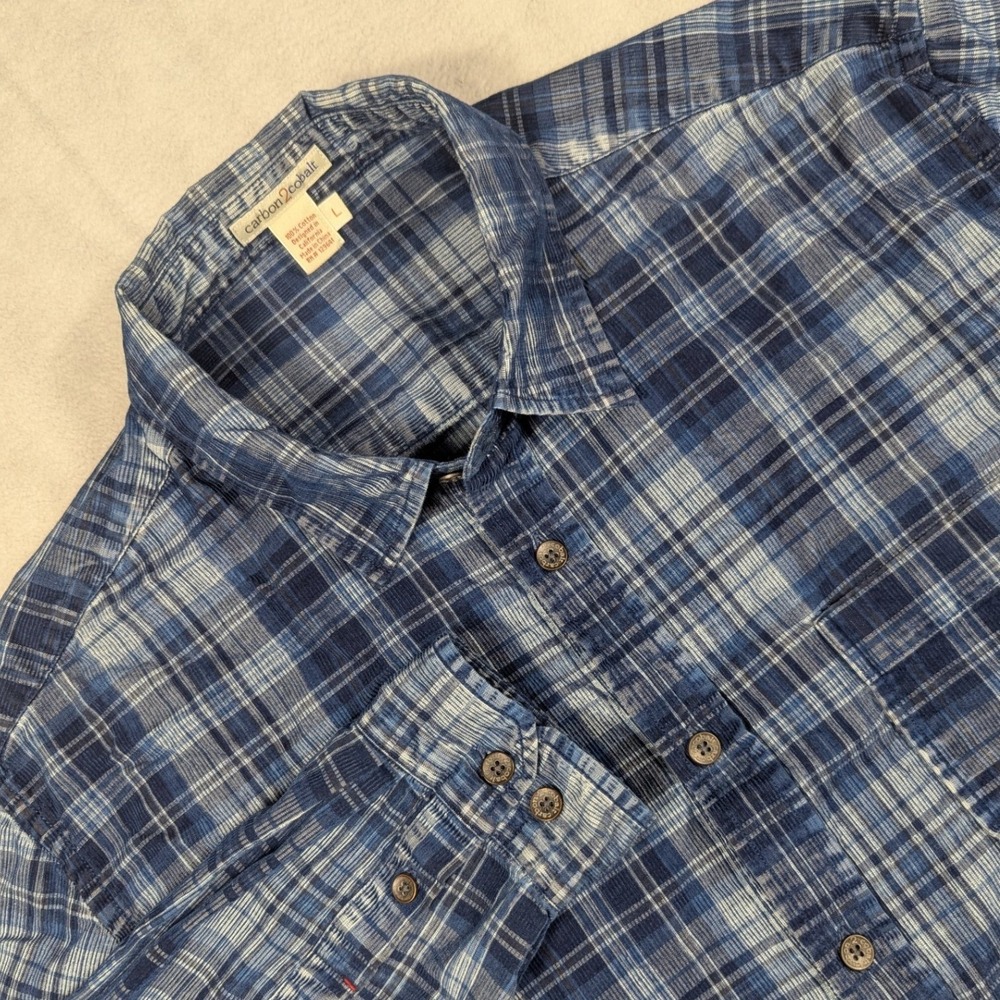 Carbon2Cobalt Mens Blue Plaid Cotton Long Sleeve Button Down Shirt Large L